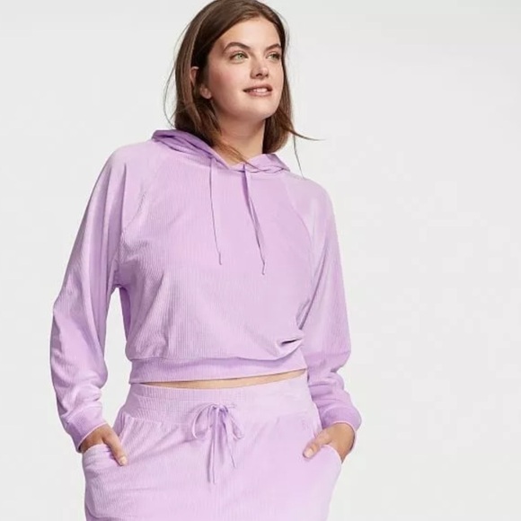 Victoria's Secret Soft Lounge Hoodie Velour Ribbed Pullover Velvet Purple Size L - Picture 2 of 9